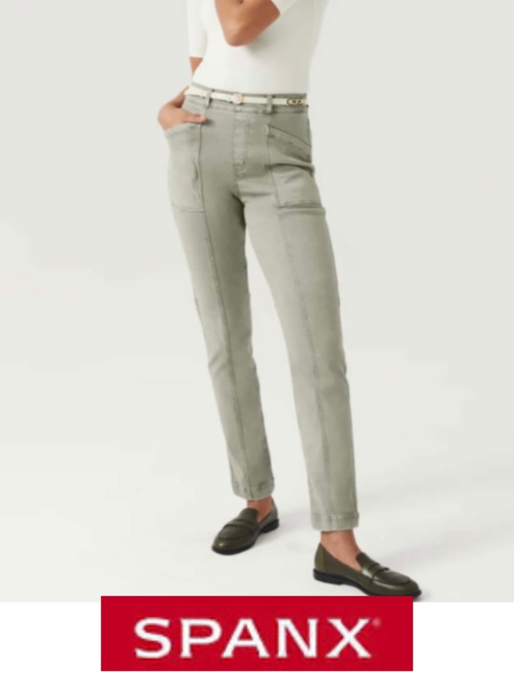 Spanx Stretch Twill Straight Leg Pull On Pant Olive Green Size XS Petite #20399Q